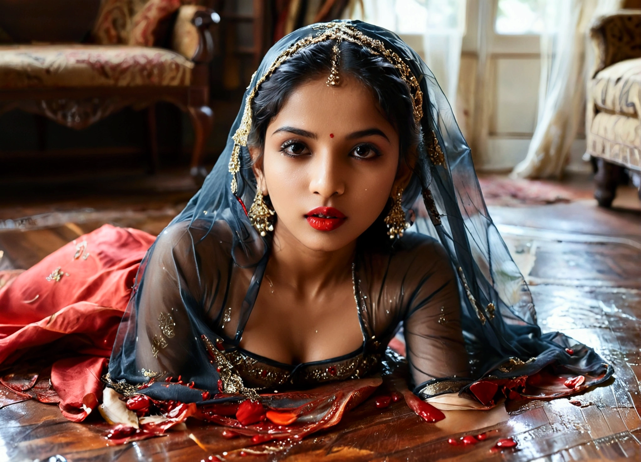 A  beautiful hot Indian girl, small breast, oily skinned, red lipstick, laying on a floor in the living room, silky veils on skin that are wet and clinging to her slim and fit body, her features defined and her skin wet, her silk veils clinging to her wet smooth skin revealing vagina shape through it