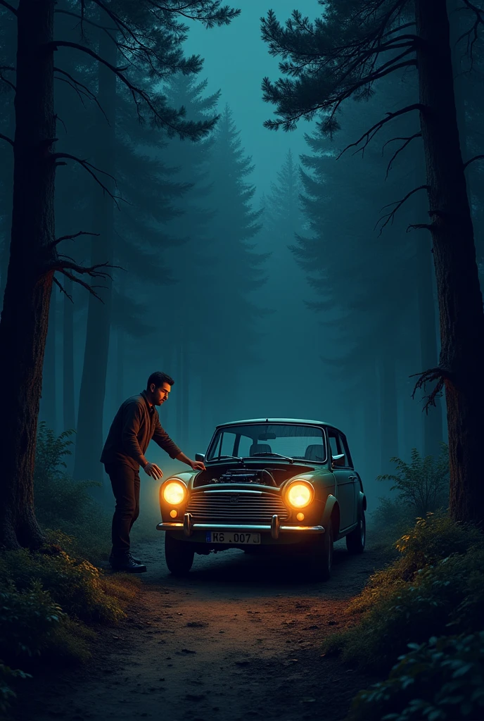 suddenly, the car stopped without warning. Tom went out to check the engine at night in the middle of the forest 