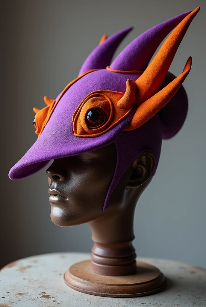 A hat on a hat table that is different, strange and kind of ugly in shades of purple and orange it has to be something that men could use (ONLY THE HAT AS IT COULD BE SELL ON A SHOP)