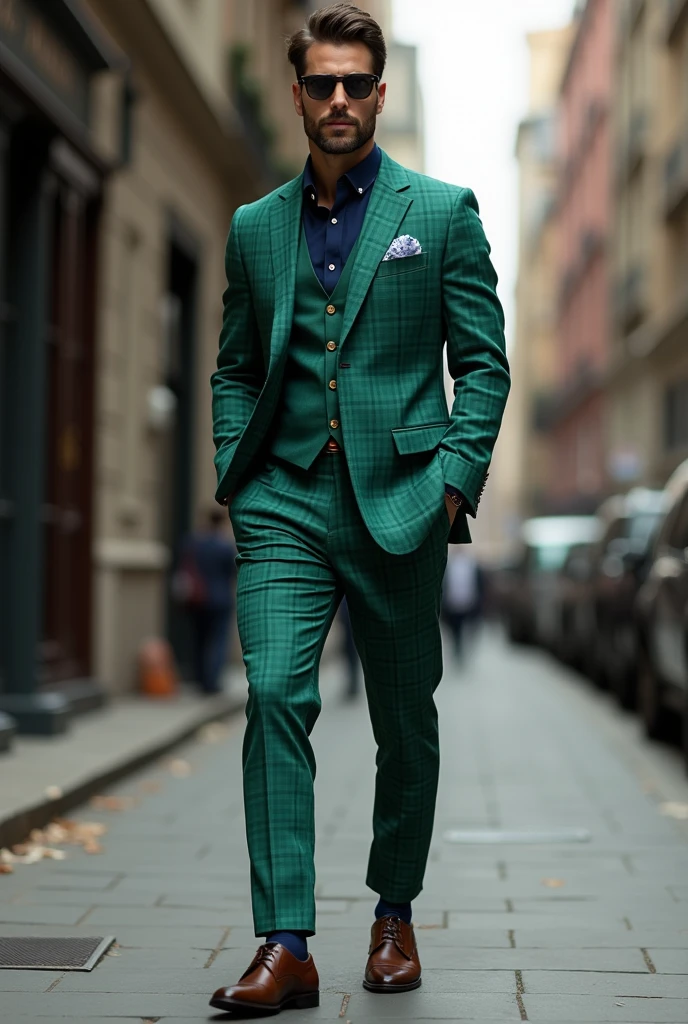 Kelly green colored single breasted checkered suit with navy blue pant and navy blue shirt and brown ahoes