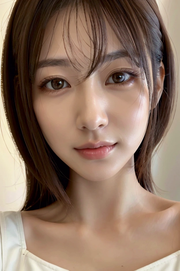 Japanese woman, beautiful detailed eyes, beautiful detailed lips, extremely detailed eyes and face, long eyelashes, 1 girl, medium length hair, brown eyes, neat and clean, white casual tank top, short denim, indoor, white furniture, selfie, (best quality,4k,8k,highres,masterpiece:1.2),ultra-detailed,(realistic,photorealistic,photo-realistic:1.37),high quality,natural lighting,warm colors,detailed background,cinematic,portrait
