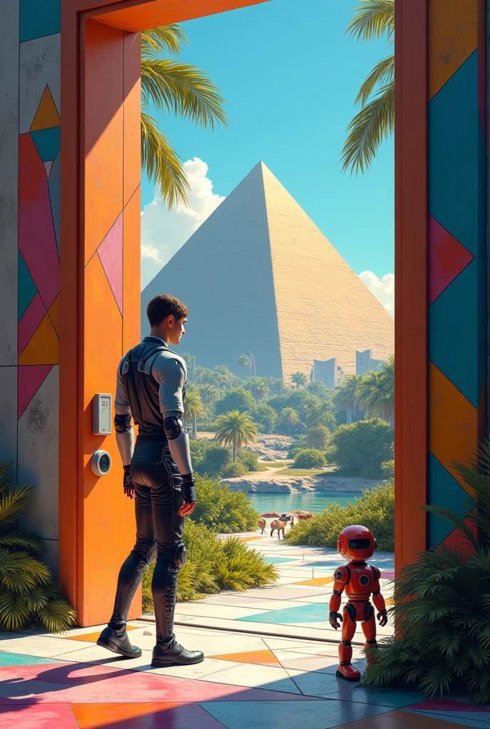 Un homme avec des vêtements futuristes pousse des deux mains des portes futuristes avec des figures géométriques de couleurs différentes sur la porte et devant lui une pyramide avec de l'herbe et des animaux ,le tout ressemblent à la peinture que j'ai publié et un robot et à côté devant une des portes.