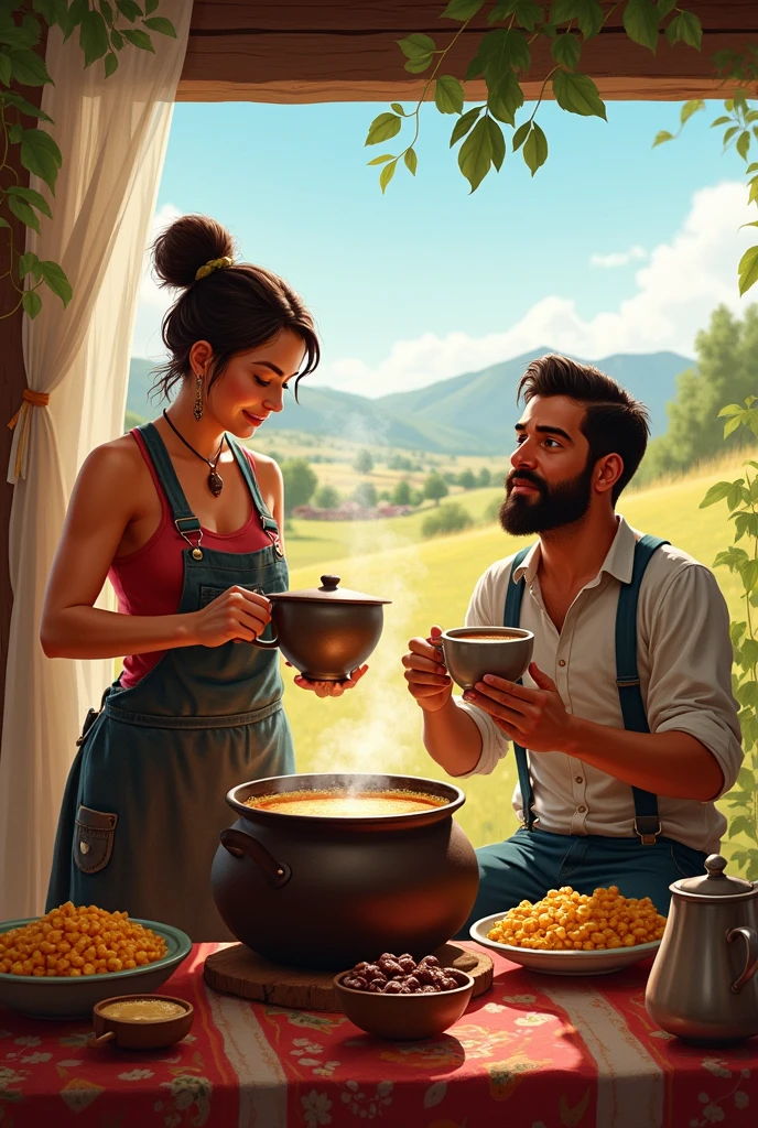 The owner of the farm is beating an atole And she also has a large cup of chocolate next to her and there is a man sitting next to her who is enjoying it.