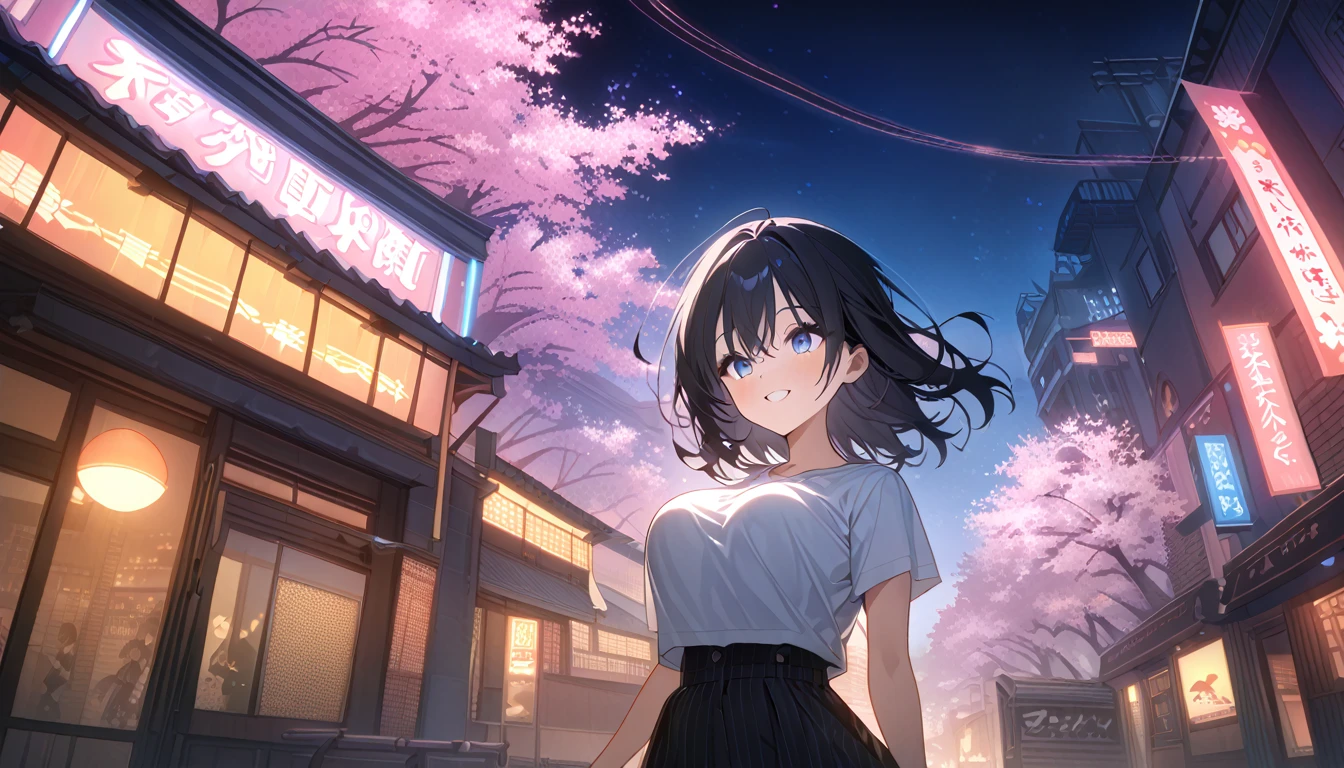 masterpiece, high quality, 16k resolution, detailed, beautiful anime girl, ((large breasts)), slender waist, pale skin, black hair, fine hair, simple clothing, white T-shirt, no accessories, (looking away:1.4), (walking in neon-lit night city), spring season, comfortable weather, discovering beautiful night cherry blossoms, neon lights, joyful expression, smiling, looking up at sakura, stunning smile, captivating eyes, delicate face, artistic, emotional depth, serene atmosphere, detailed background, vibrant colors, breathtaking beauty, ((MrKb)),