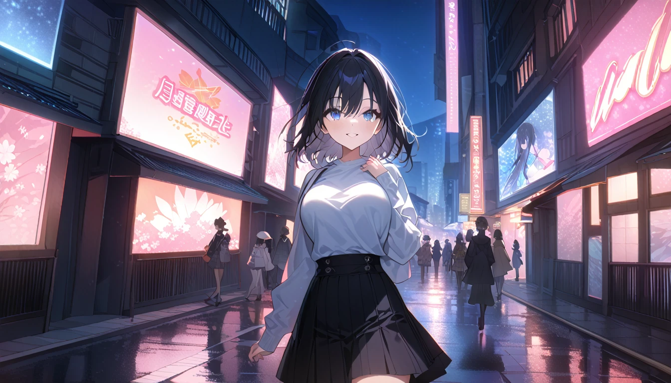 masterpiece, high quality, 16k resolution, detailed, beautiful anime girl, ((large breasts)), slender waist, pale skin, black hair, fine hair, simple clothing, white T-shirt, no accessories, (looking away:1.4), (walking in neon-lit night city), spring season, comfortable weather, discovering beautiful night cherry blossoms, neon lights, joyful expression, smiling, looking up at sakura, stunning smile, captivating eyes, delicate face, artistic, emotional depth, serene atmosphere, detailed background, vibrant colors, breathtaking beauty, ((MrKb)),