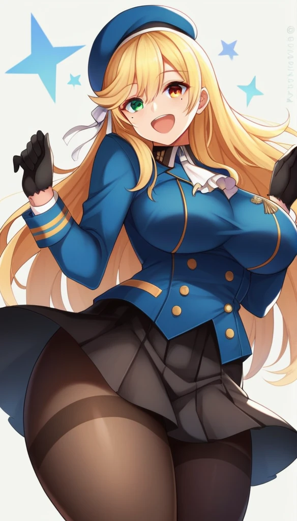 score_9, score_8_up, score_7_up,score_6_up, score_5_up, score_4_up , 1girl, solo, ((Split hair)), ((blonde hair)), ((black hair)). heterochromia, brown eyes and green eyes, atago_\(azur_lane\), black hair, brown eyes, mole_under_eye, atagokc, blonde hair, green eyes, long hair, bangs, hair between eyes, large breasts, blue headwear, beret, thick thighs, atagodefkc, blue_military_uniform_skirt, ascot, blue jacket, black skirt, maxi skirt, black pantyhose, black gloves, happy, cowboy shot, simple background