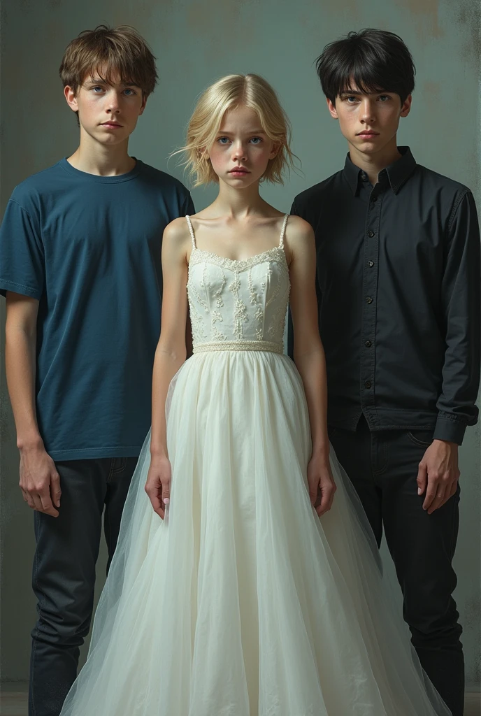 A girl with light hair and blue eyes dressed as a bride but her face looks somewhat sad, On one side is a boy with brown hair and dark eyes, on the other side is a boy with black hair and gray eyes.,AbsoluteRealIndian the boys facing forward and adults looking mad sexy the boy on the left dressed in blue and the other in black the boys with more bodies
