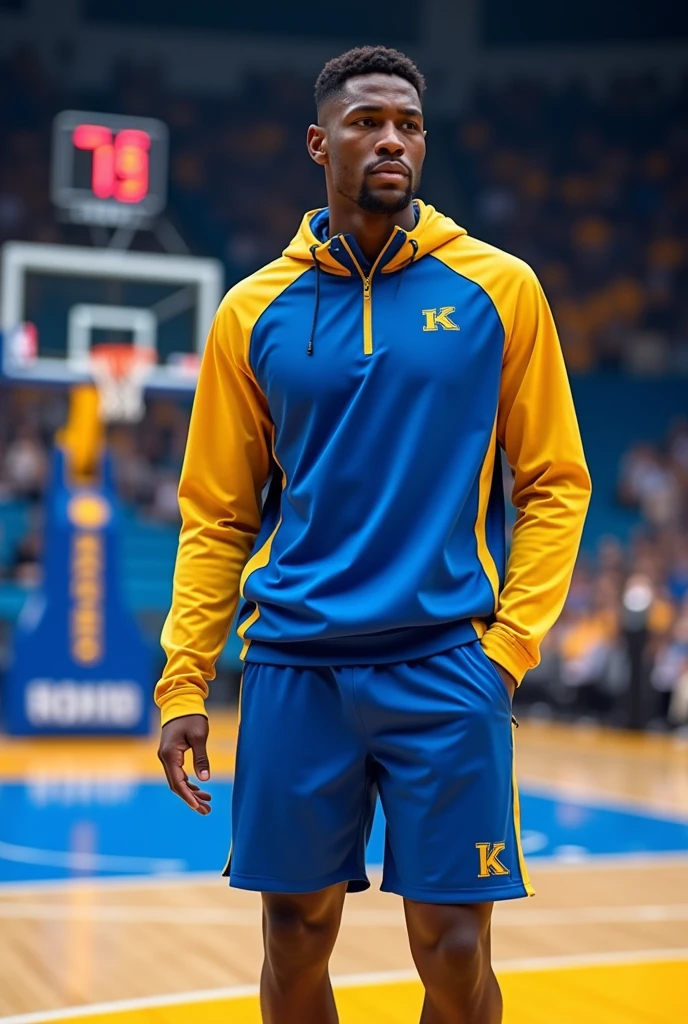 Blue and yellow basketball warm-up clothing, modern style for men, name brand "KANIX"