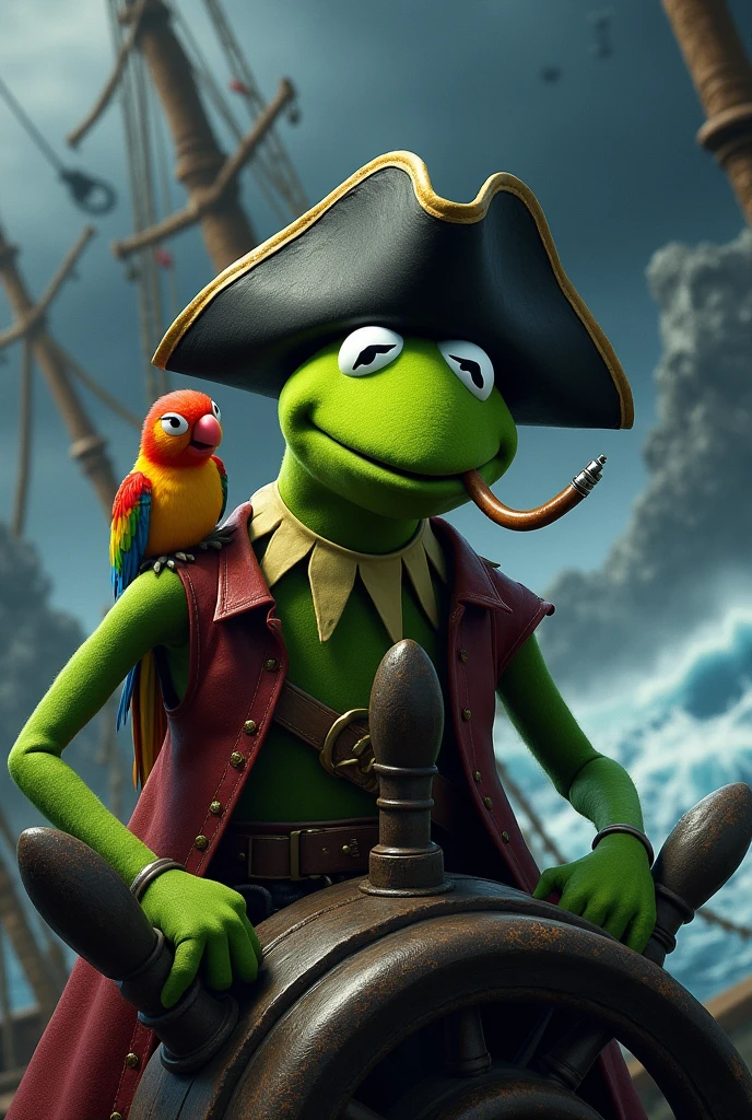 Kermit the Frog at the helm of the Flying Dutchman, with a big cigar in his mouth, with a pirate hat, there is a storm with thunderstorms in the background, parrot cockatoo on shoulder