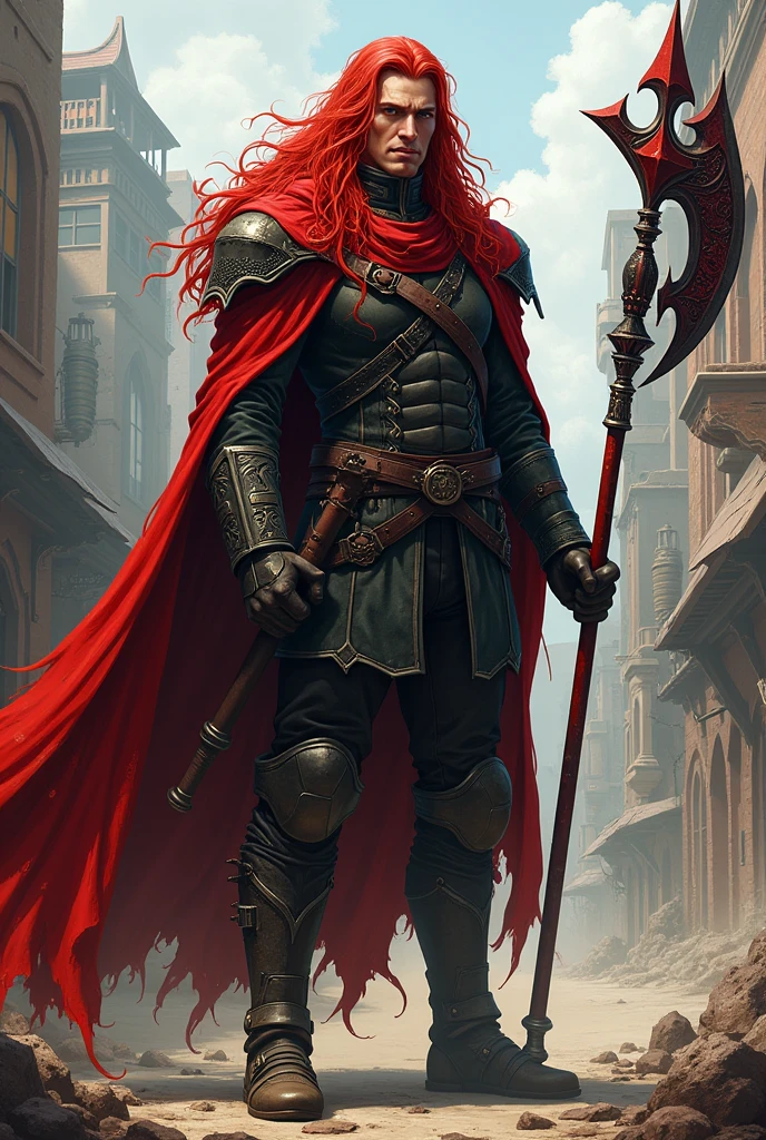 Morgan, the Crimson Red, is a towering figure at 1.92 meters, with striking, long red hair that flows down to his shoulders in wild, untamed locks. His hair frames a face that exudes both rugged strength and a calm, noble demeanor, with a clean-shaven appearance that highlights his sharp, distinguished features.
His face is robust, radiating a calm and noble demeanor, reflecting his deep respect and sophisticated upbringing. Morgan’s attire consists of a black military lieutenant uniform, which he wears with a tattered cape that has one sleeve intact and the other ripped. This outfit signifies both his military background and the trials he has endured. Known as the "Crimson Red" due to a horrific experiment he was subjected to, Morgan is marked by the Scarlet Blood Curse. This curse resulted from an ill-fated attempt by scientists to create immortal soldiers using a mystical creature's essence. While many perished or gained exceptional powers, Morgan alone suffered a mutative curse. His weapon, a halberd named Murmurius, also absorbed part of this curse. The halberd became a living extension of the curse
Morgan is afflicted by the Scarlet Blood Curse, a result of a failed experiment that attempted to harness the power of a mystical creature. This curse has granted him rapid regeneration and a life-draining ability linked to his weapon. His halberd, named Murmurius, is a cursed relic with a life of its own. The weapon’s design is both menacing and majestic, with dark, intricate engravings that pulse with an eerie light, reflecting the sinister power it holds.
I would like it to be in a mature style, with the art in a fantasy and RPG style set in the Old West.