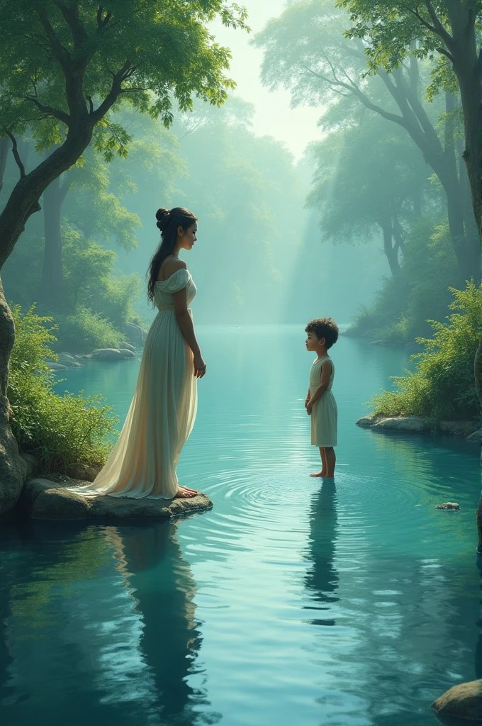 After washing her hands and feet in the pond, Puri looked into the pond and saw a boy walking over the pond.