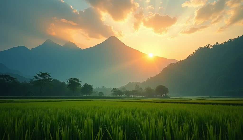 (background 4k),(high resolution),The light behind the mountain The light behind the mountain is like a light of life that is rising up to tell everything on earth that all life must go on. It is a light that seems very far away, but it is just a small light behind the mountains that are very beautiful and natural. The place for taking pictures is the rice fields. ,Beautifully detailed,Be natural,Complex light lines,Professional Photographer,Have clarity,dramatic,Awarded globally,Cinematic lighting,(film grain,bokeh,depth of field)