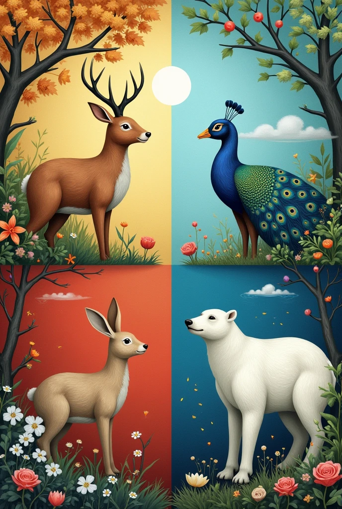 rabbit spring autumn deer summer peacock polar bear winter each one like a season of the year with climate change that the 4 animals can be seen