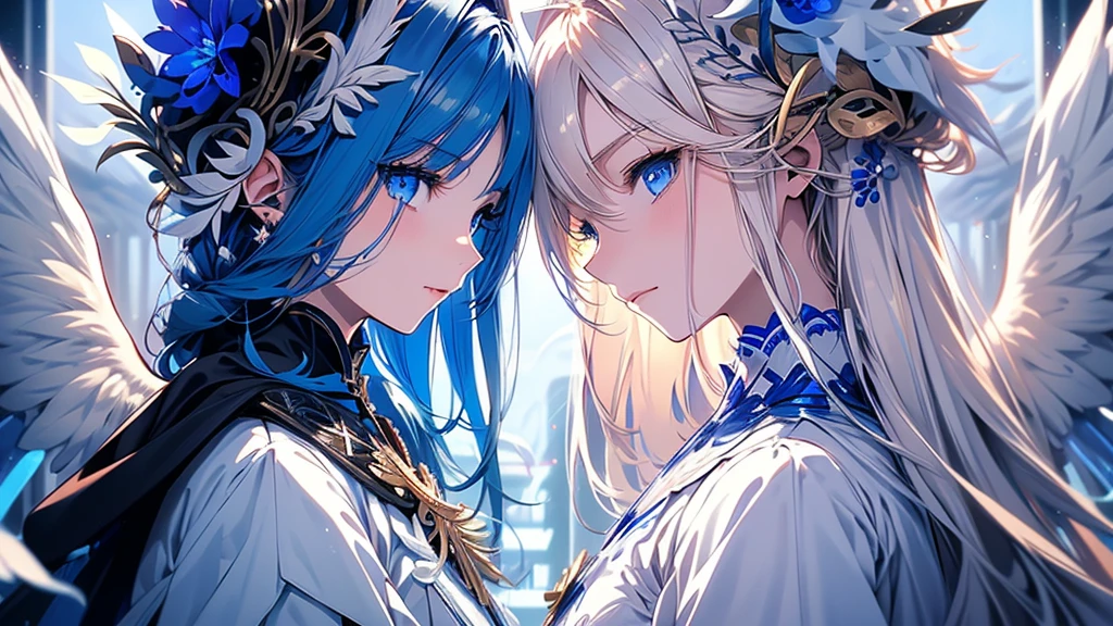 4K quality:1.2,Super beautiful illustration:1.2,seraphim,((6 white wings on the back)),blond,long hair styles,((Beautiful cobalt blue eyes:1.2)),sky