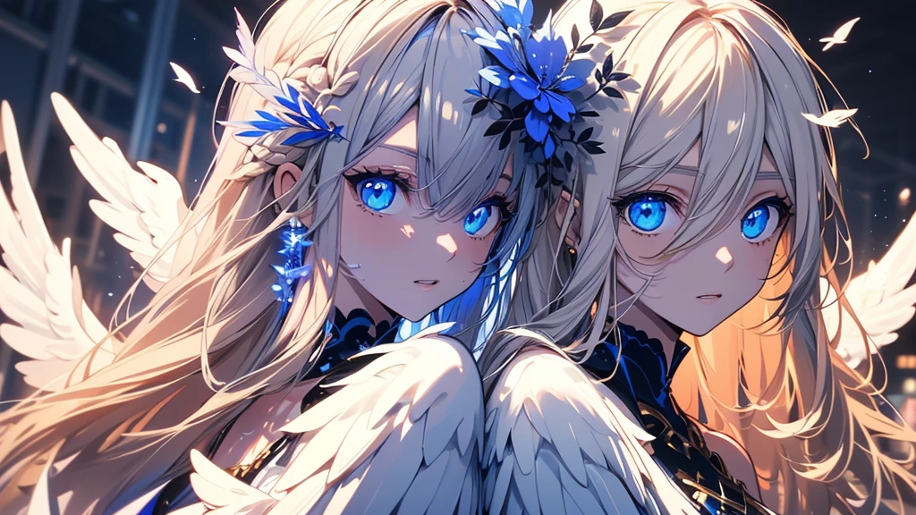 4K quality:1.2,Super beautiful illustration:1.2,seraphim,((6 white wings on the back)),blond,long hair styles,((Beautiful cobalt blue eyes:1.2)),sky