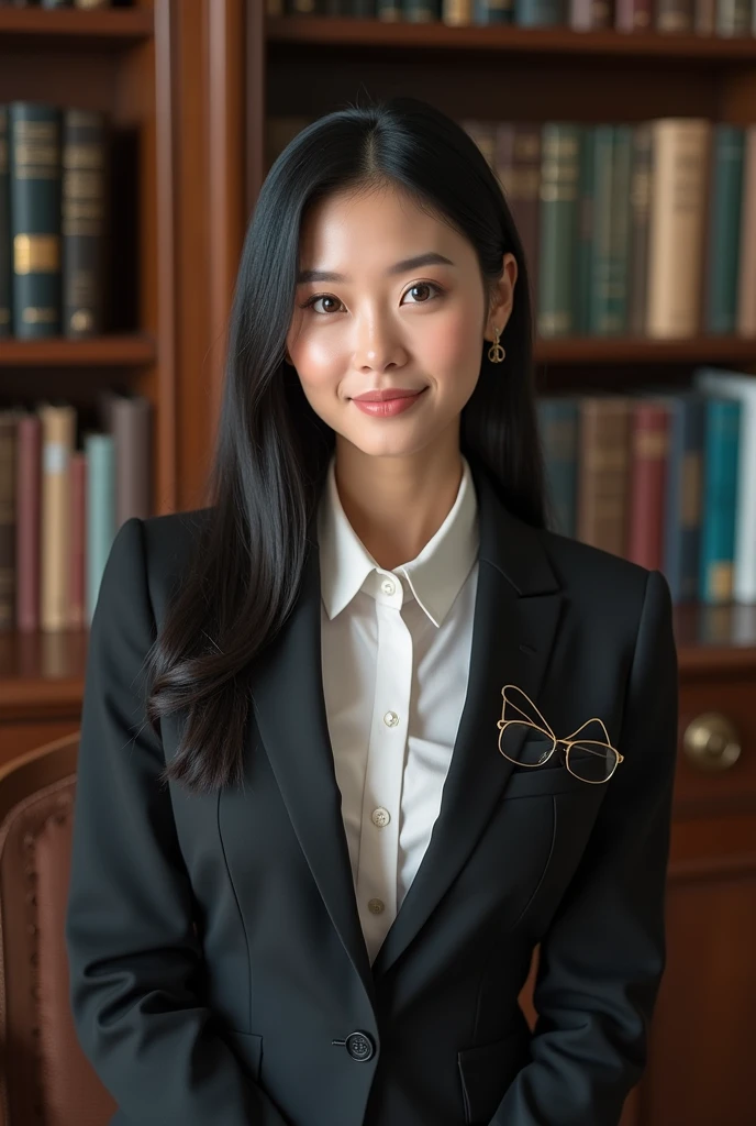 woman 4, Caucasian straight black hair, greeneyes. College professor style. College teacher style tidy outfit. pretty, is in a fancy college room. With glasses stuck to his shirt. 