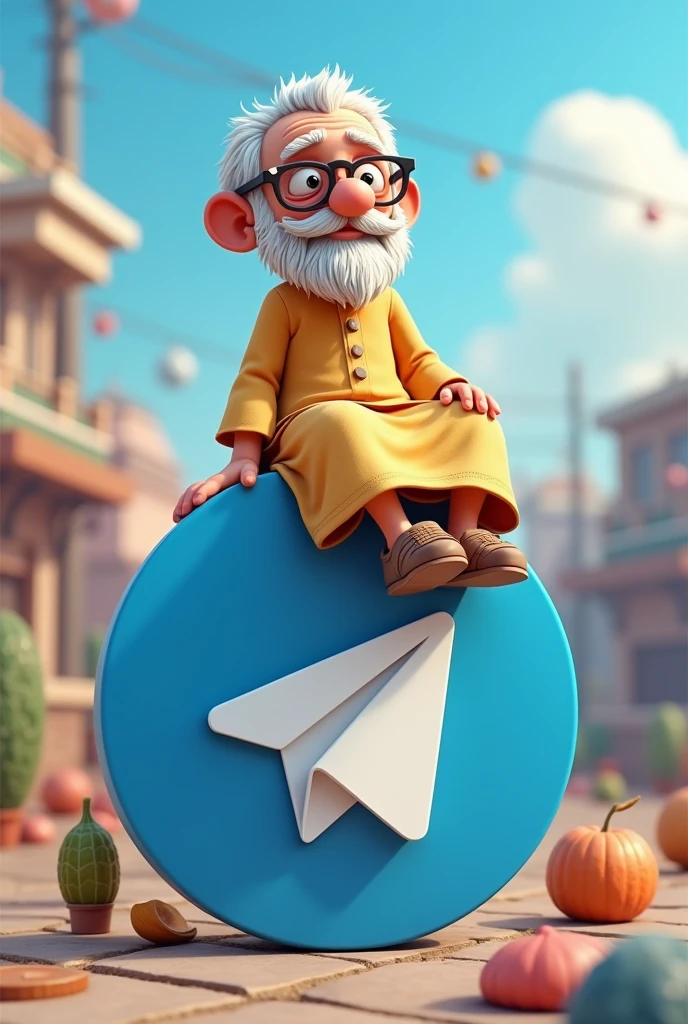create a 3d illustration of an animated old man characters sitting casually on top of a logo social media logo telegram the characters must wear casual old clothing Sach as shalwar qmeez and shoes the background of the image of social media platform page with a user name BaBaVella and a profile picture the match