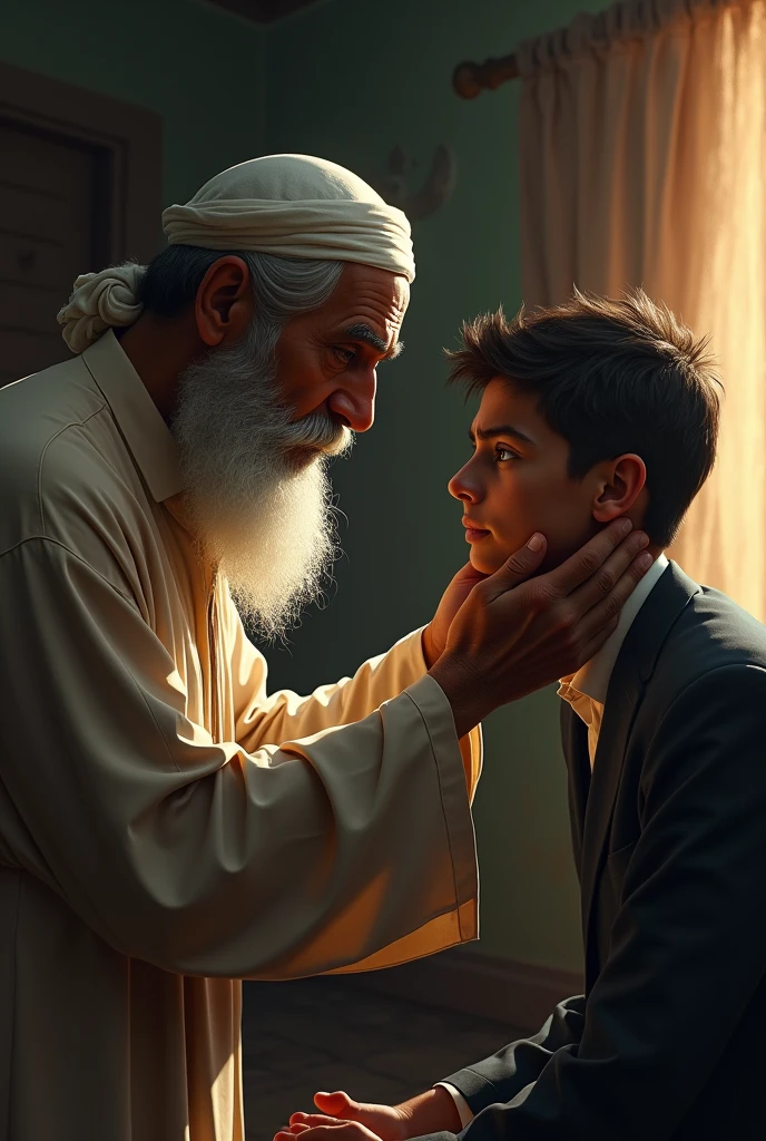 A Muslim man is saying something to his son as he dies