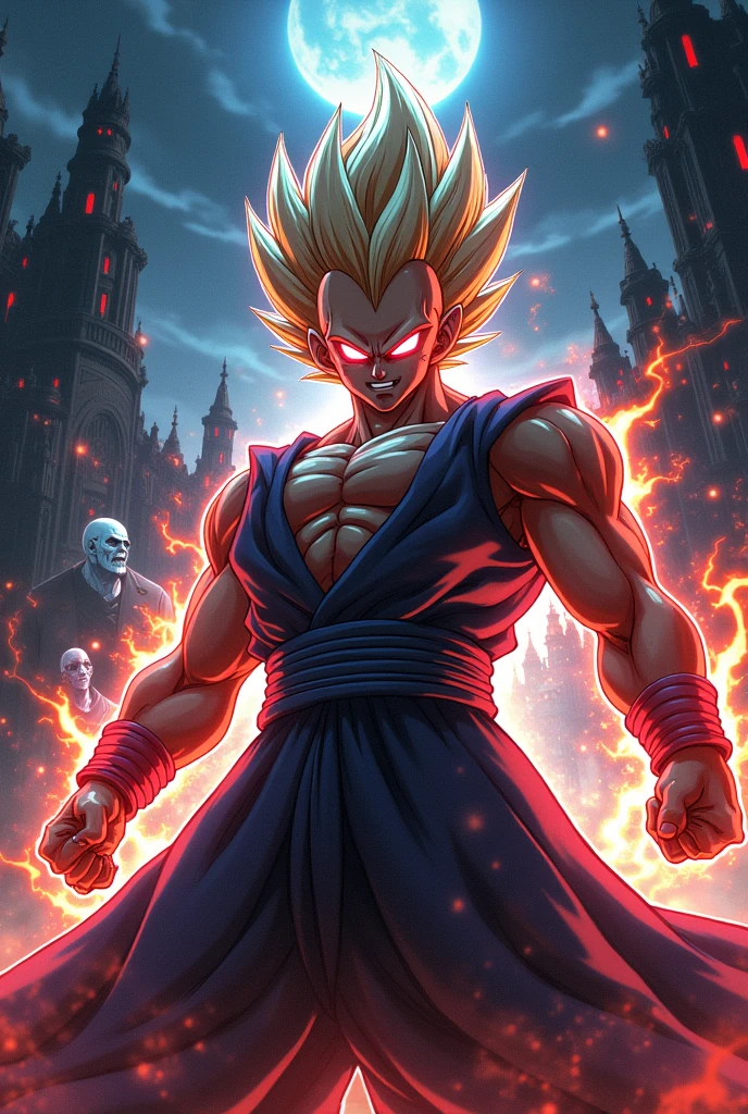 Evil Vegeta with red eyes with bankai with bleach hair destroying Soul Society's ghost during night