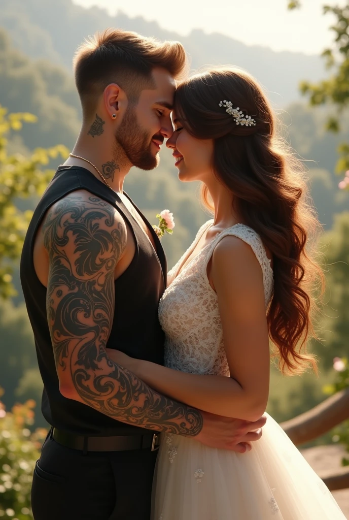 Create a couple of boyfriends, the groom must have tattoos on his left arm, short hair and the bride long brown hair