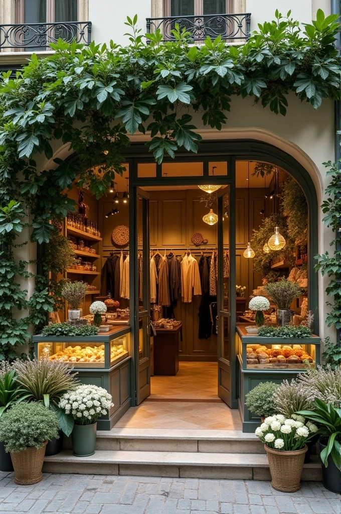 Create a street shop theme based on nature with earthy tones ,some shades of green . amalgamation of multiple business at one stop to increase sale of clothing garments with paris strrt look  . Include some pastry cookies and pasta shop  , bouquet shop to increase sale of garments showcase for exhibition. Beautiful as well so that crowd get attracts.create a look luxurious clothing store of 60 % area and 20 % for cookies and bakery shop and 20 % for bouquet shop. To attract elite class crowd.