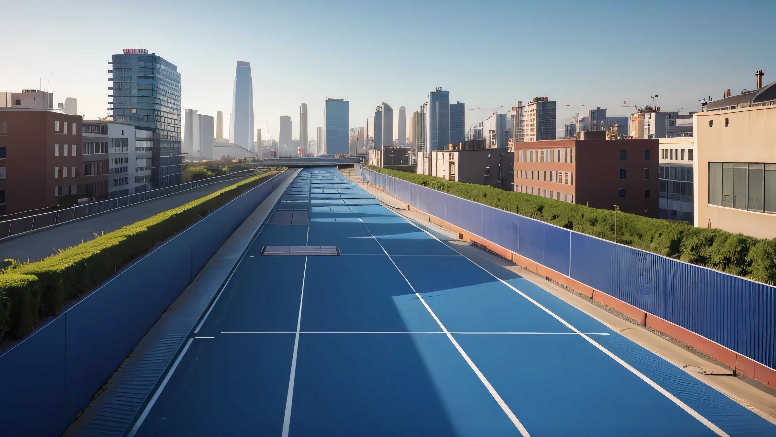 Sky Track, A blue running track surrounded by buildings and the city.