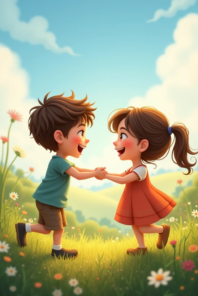 A boy playing with a girl realistic
