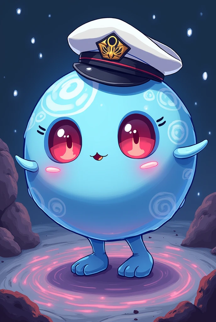 (Soul eater soul), round, no legs, soul eater art style, made of soul, aura, wearing a captains hat, adorable
