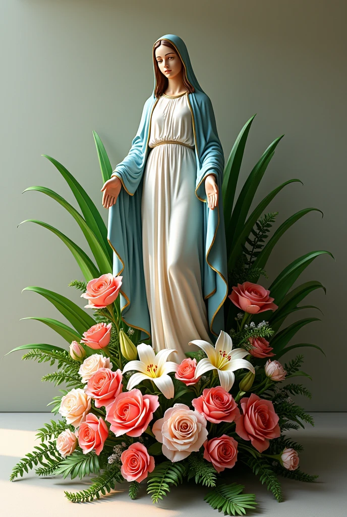 Make me a floral arrangement with roses, Lilies, palm leaves, Pompons, with the statue of the Virgin Mary 

