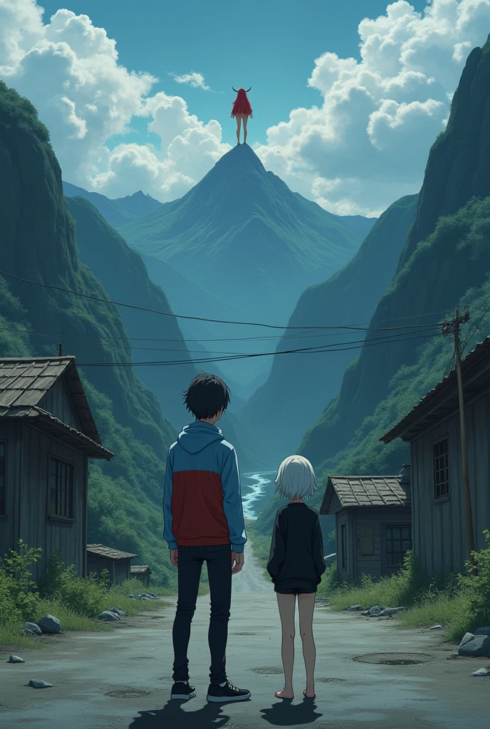 The image is anime style cowboy bebop and Darker than black with shadows and dim lights, anime style although somewhat adult and dark, It shows a rural road, where an old and destroyed building is located between the mountains, the view of the image is aerial. in the middle of a valley, where you can see mountains and a river below, on a vacant lot, very far, You can see a young man wearing a light blue and red jacket, and black sneakers and an albino woman with short white hair wearing a black sweater and minishorts, He doesn't wear any more clothes, She is barefoot, Beautiful feet. both, They are standing at the other end of the road. On a very very far away mountain, There is a naked red-haired girl standing there with only one horn., She wears her hair in a big braid.