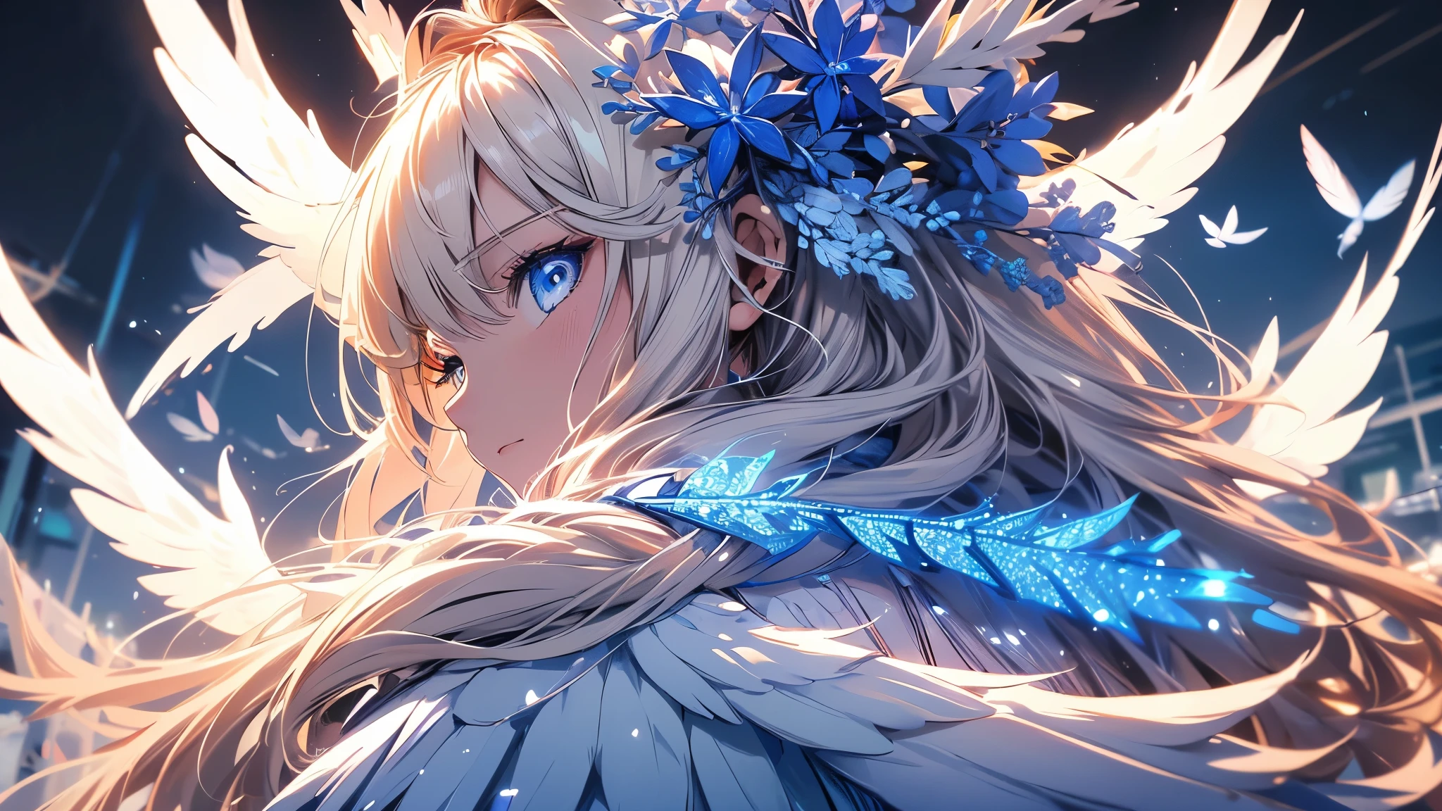 4K quality:1.2,Super beautiful illustration:1.2,seraphim,((6 white wings on the back)),blond,long hair styles,((Beautiful cobalt blue eyes:1.2)),sky