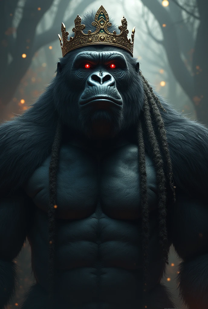 Create a gorilla wearing a crown and has dread with a dark closed mouth smile and glowing Red eyes