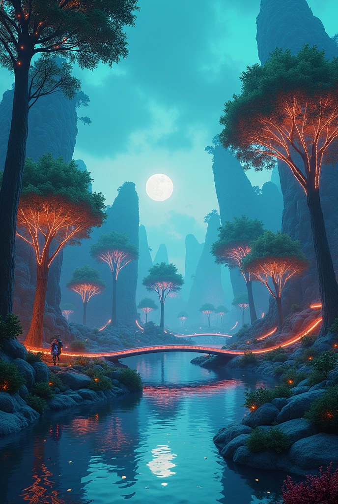 . Futuristic Nature Landscape
"A vast, otherworldly landscape that blends nature with futuristic elements: tall bioluminescent trees with glowing leaves, a sky with two moons, and floating islands connected by bridges made of light. In the foreground, a serene lake reflects the neon lights of an alien forest. Small robotic creatures interact with the environment, highlighting the fusion of technology and nature."