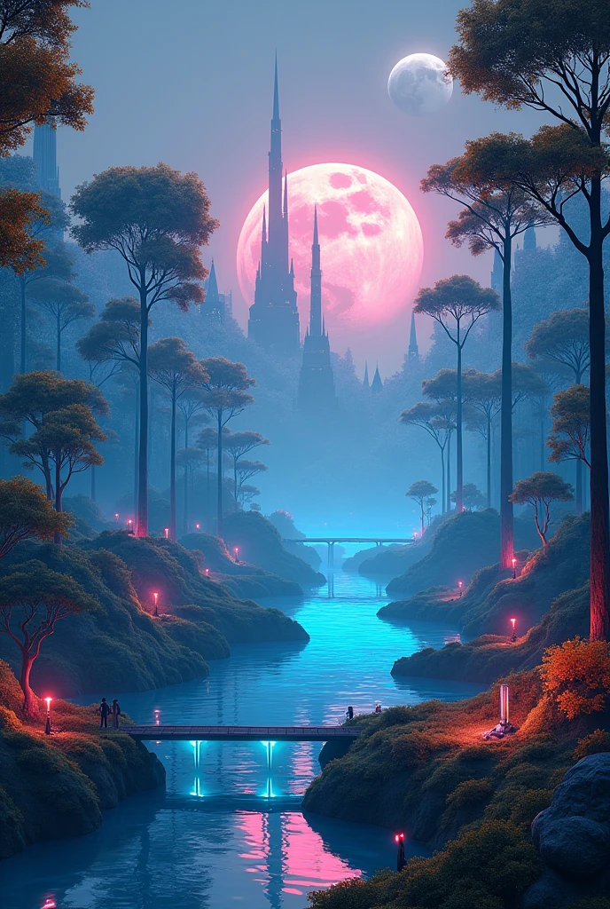 . Futuristic Nature Landscape
"A vast, otherworldly landscape that blends nature with futuristic elements: tall bioluminescent trees with glowing leaves, a sky with two moons, and floating islands connected by bridges made of light. In the foreground, a serene lake reflects the neon lights of an alien forest. Small robotic creatures interact with the environment, highlighting the fusion of technology and nature."
