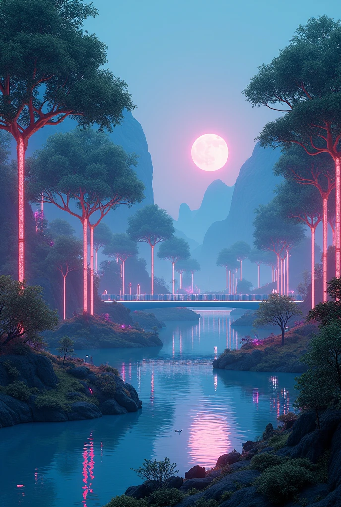 . Futuristic Nature Landscape
"A vast, otherworldly landscape that blends nature with futuristic elements: tall bioluminescent trees with glowing leaves, a sky with two moons, and floating islands connected by bridges made of light. In the foreground, a serene lake reflects the neon lights of an alien forest. Small robotic creatures interact with the environment, highlighting the fusion of technology and nature."
