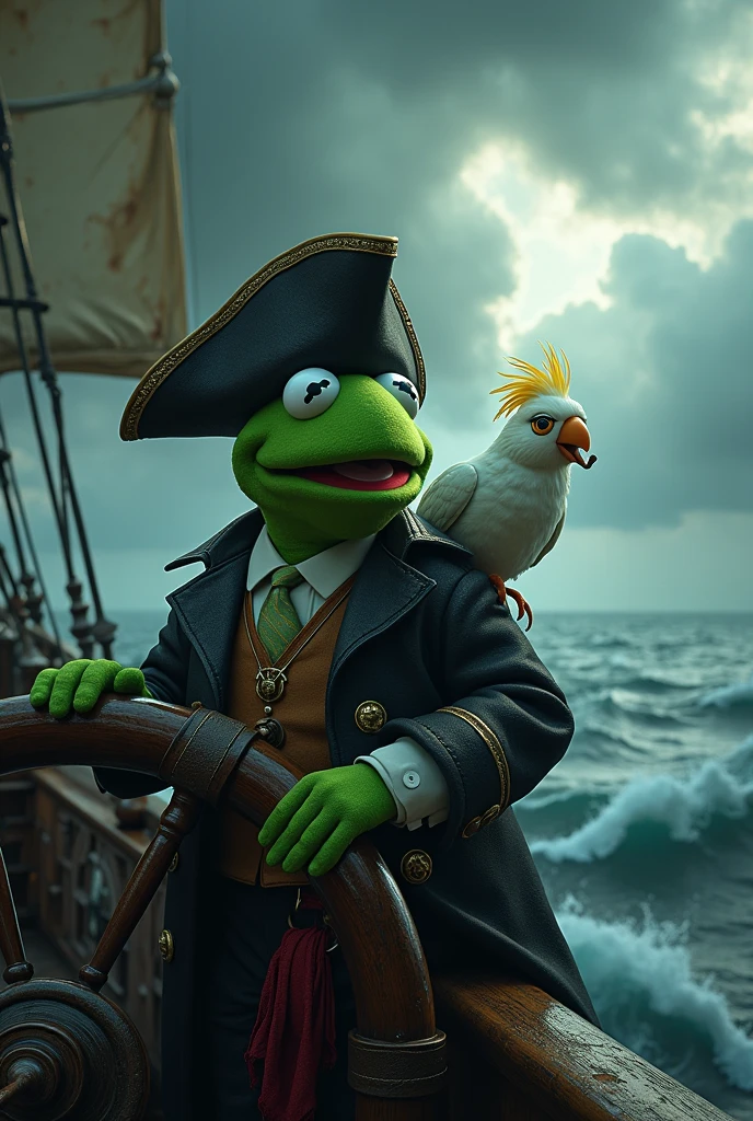 Kermit the Frog at the helm of the Flying Dutchman, with a pipe of tobacco in his mouth, with a pirate hat, there is a storm with thunderstorms in the background, with a white-crested cockatoo on his shoulder