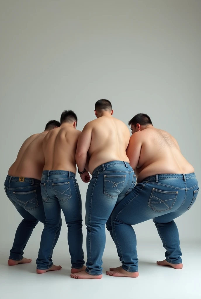 8k image 4 men with jeans, bubble butts, big butts, crouching down of different sizes