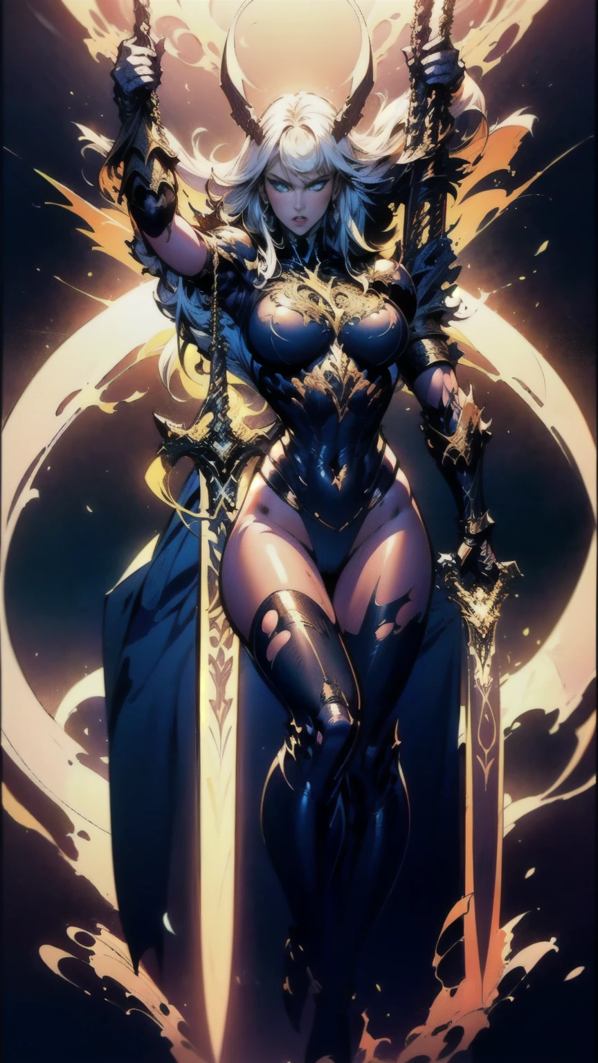 (full body portrait), Magik of X-men, Illyana Rasputin with long white hair, piercing blue eyes, wearing a low cut unitard with high cut legs, tight thigh high boots, holding a glowing magical sword, jumping with sword raised back behind head, huge overhead swing of sword, floating in a mystical realm with swirling energy, (best quality,8k,highres,masterpiece:1.2),ultra-detailed,realistic,photorealistic,photo-realistic:1.37,concept art,dark fantasy,digital painting, dramatic lighting, cinematic, intricate details,ethereal,otherworldly atmosphere, no bra, (torn clothes:1.3), an14 