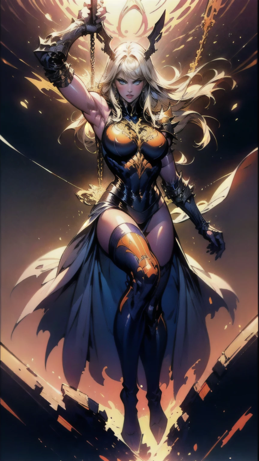 (full body portrait), Magik of X-men, Illyana Rasputin with long white hair, piercing blue eyes, wearing a low cut unitard with high cut legs, tight thigh high boots, holding a glowing magical sword, jumping with sword raised back behind head, huge overhead swing of sword, floating in a mystical realm with swirling energy, (best quality,8k,highres,masterpiece:1.2),ultra-detailed,realistic,photorealistic,photo-realistic:1.37,concept art,dark fantasy,digital painting, dramatic lighting, cinematic, intricate details,ethereal,otherworldly atmosphere, no bra, (torn clothes:1.3), an14 