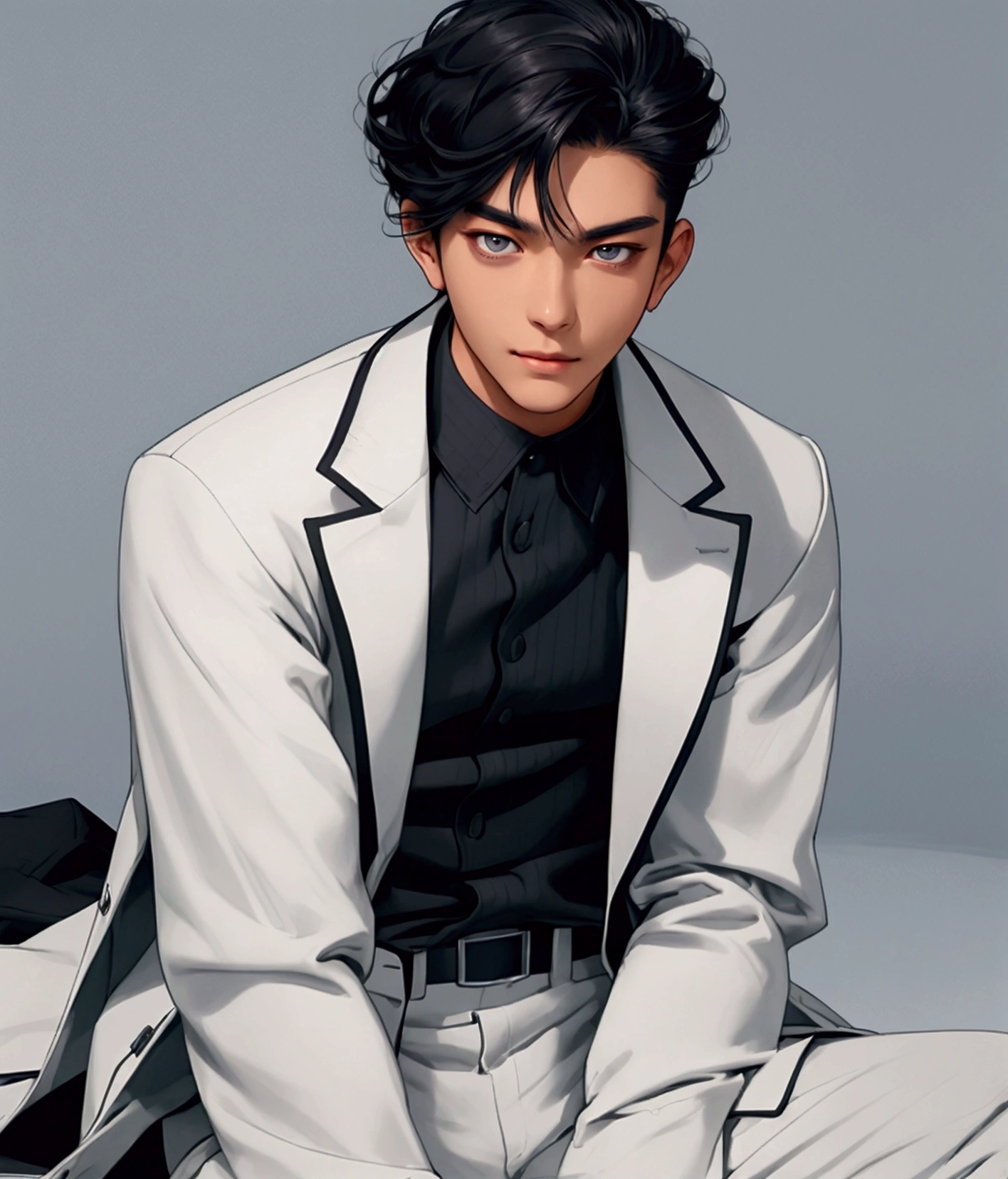 absurd, best quality, incredibly fine details, high resolution, all intricate, masterpiece, many incredible layers, (((psych suit))), korean perm cut, stylized, psychiatric uniform, expressionless, viscolycra and silk fusion, doctor white coat, black sweater, brown belt, black skinny jeans, security, coquetry, alone, dominant pose, sitting, in an asylum, looking at viewer, medium angle, head-on, detailed surface texture, black hair, blue grayish eyes, slim and athletic body, attractive and beautiful, flirtatious and confident smile, adult male.