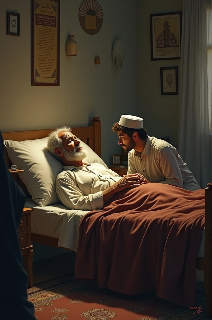 A Muslim man lying on his bed saying something to his son while dying.