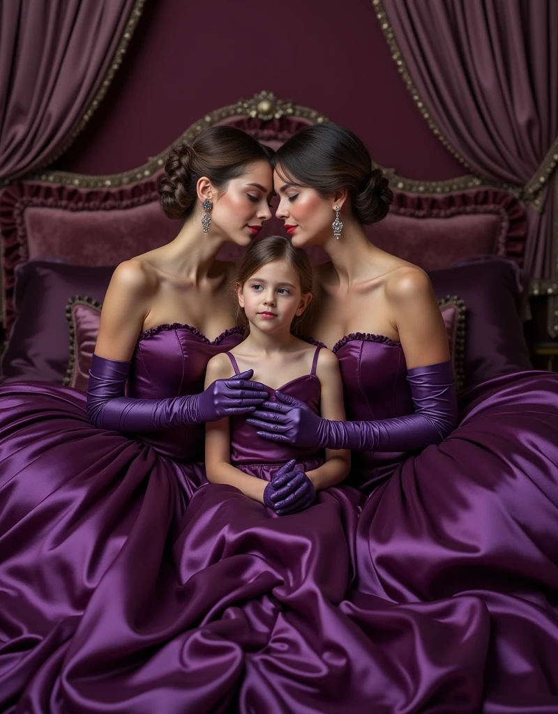 ultra quality, masterpiece, ultra resolution, longshot view, artwork, super それにget used to it, many get used to it, get used to it, それにget used to it, longshot view,love,romantic,Three persons,((Two Mothers and One Daughter)),((Two Mature Women and One with the crowns)),((Two Mature Women lips kissing embrace and hold her partner's shoulders and One Little Girlture women holding hands and One Little Girl sat betweee Women)),((Deep purple satin velvet oversize ballgown dresses)),((Oversize weared deep purple satin velvet dresses)),((Full-length dresses train skirt stretched down and flared covered the entire floor)), ((Full of luxurious satin velvet fabric stretches and covers the the entire floor)), luxurious shiny deep purple satin velvet ballgown dresses, Sitting kiss and embrace on the floor,((Gorgeous queen rococo robe satin velvet ballgown dresses with voluminous full-length stretched down and flared train skirt)),long size deep purple ballgown dresses,full-length arm deep purple satin velvet gloves,((long deep purple satin velvet gloves)),((floor-length deep purple satin velvet ballgown dresses with a skirt that stretched down to cover the floor)),A ballgown dresses with full shiny deep purple satin velvet fabric material...,((Two Mature Women hold and hugging One Little Girl)),luxury bedroom,((Pahiny deep purple bedroom)),((The floor full covered of stretched and flares satin velvet fabric)), ((Long deep purple bludru velvet bedroom material)),Frilled silk velvet bedroom deep purple bludru pillows on the bedroom,many chairs in bedroom,fluffy deep purple pillow with frillsTwo Mature Woman hugging One ,One in deep purple satin velvet ballgown dress surrounded by Two Mature Women's dresses,((Two Mature Women is sitting kiss embrace and hold shoulders and One sitting in the floor between Two Mature Women)),luxurious ruffled deep purple curtains