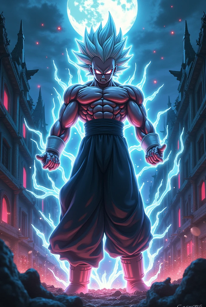 Evil Vegeta with red eyes with bankai with bleach hair destroying Soul Society's ghost during night with scary face