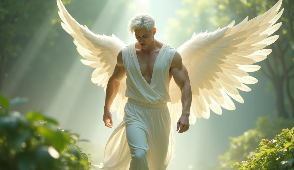 A gentle, white and gold-winged male pale white skinned, white hair, blue eyes, Asian Korean features, Athletic body, mid 30s angel (simple design) - Soft colors, with a subtle glow - Ethereal background, with a subtle texture I want it as a man, walking through the garden of Eden, 32K UHD, best quality, masterpiece, Style Raw, hyperrealistic.