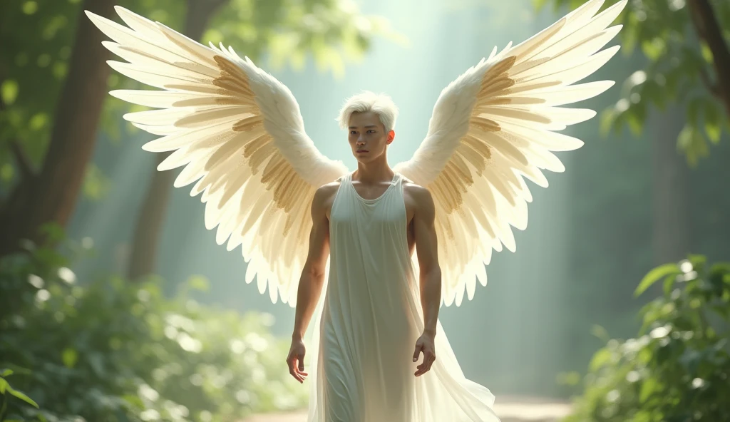 A gentle, white and gold-winged male pale white skinned, white hair, blue eyes, Asian Korean features, Athletic body, mid 30s angel (simple design) - Soft colors, with a subtle glow - Ethereal background, with a subtle texture I want it as a man, walking through the garden of Eden, 32K UHD, best quality, masterpiece, Style Raw, hyperrealistic.