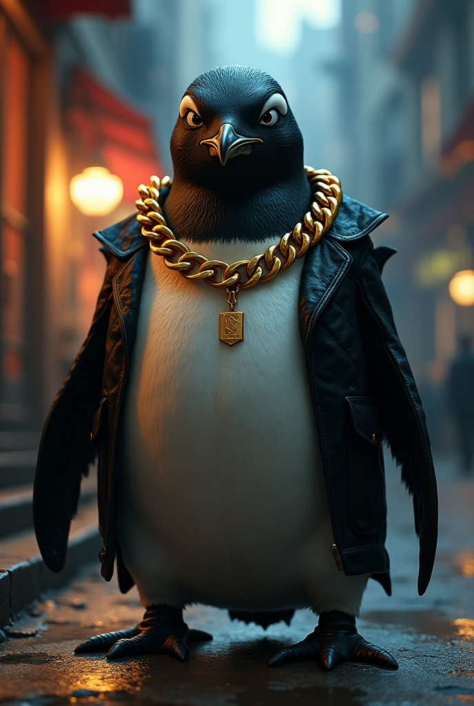 Create the image of a gangster penguin with a chain of gold plates