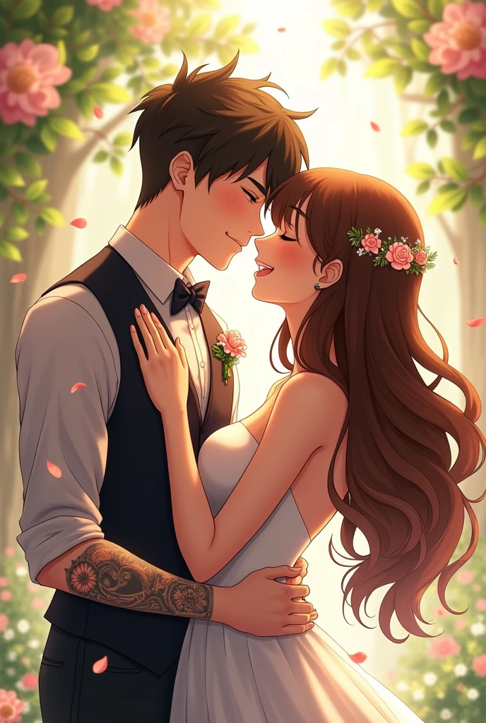 Create a couple of boyfriends the groom must have tattoos on his left arm short hair and the bride long brown hair image preferably anime and