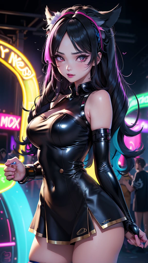 A beautiful girl with detailed eyes and face, cute anime style, standing at a rave party with colorful neon lights and a detailed, vibrant background, a monster in the scene, monochrome,(best quality,4k,8k,highres,masterpiece:1.2),ultra-detailed,(realistic,photorealistic,photo-realistic:1.37),1girl,beautiful detailed eyes,beautiful detailed lips,extremely detailed eyes and face,long eyelashes,rave party,colorful neon lights,detailed vibrant background,monster,monochrome,anime,concept art,concept art, digital art, 8k, high quality, photorealistic, masterpiece, realistic shading, vibrant colors