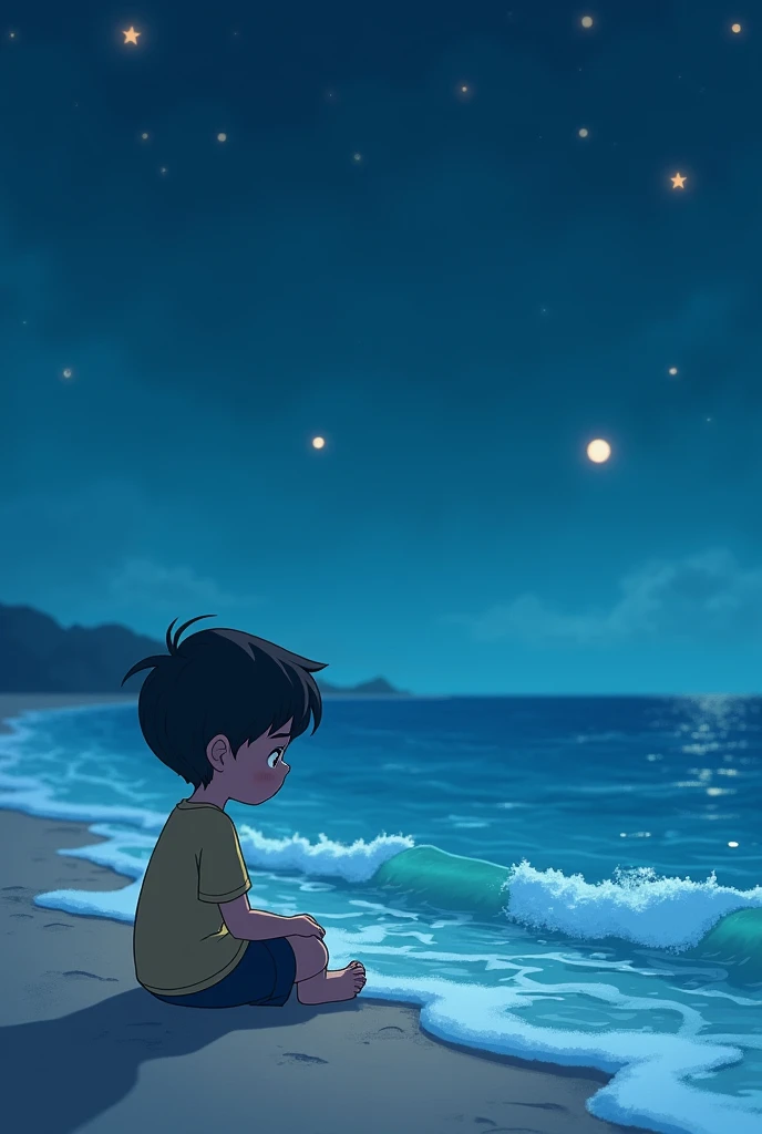 A animated boy sad sitting at the beach and light blue waves and gloving stars