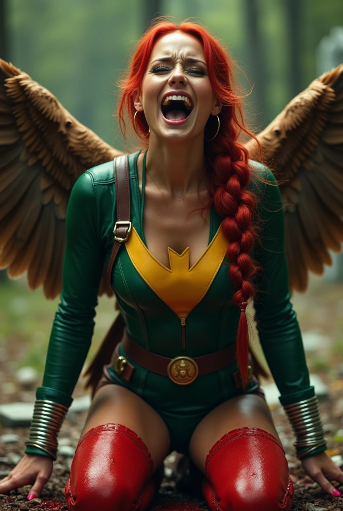 (((De primerísimo primer plano una hermosa mujer de rodillas yelling))),(((Long red hair tied up in a braided ponytail))),(((green top suit with yellow in the middle))),(((Cali green leather pants with red shorts over the pants))),(((Charlize Theron under the mantle of Shayera Holl aka Hawkgirl ))),(((On knees gritando de dolor))),(((leather suit with tiny scales on the suit))),(((Large brown giant falcon wings))),(((Silver metal bracelets on their wrists))),(((Long red boots up to her knees))),(((On knees))),(((yelling))),(((mortally wounded))),(((Blood on his chest))),(((cursed cemetery))),(((Blood all around his body))),(((Wide brown harness on her chest with a round gold plate and a hawk as the Hawkgirl emblem))) 